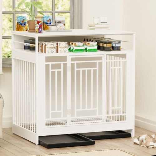 43.3 inch Wooden Dog Crate with Divider, Double Door Dog Kennel with Storage Shelf