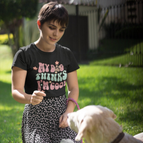 Women's Retro My Dog Thinks I Am Cool T-Shirt (Color: Black, size: large)