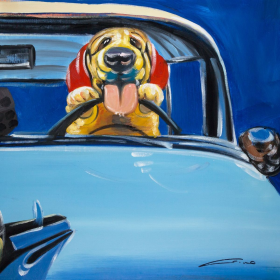Hand Painted on Canvas (Color: Dog-Blue Truck)