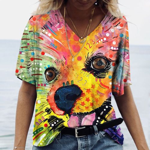 Women's V-neck Short Sleeve T-shirts Color Splash Dog Print